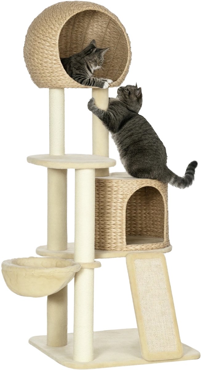 Krabpaal Klimboom – Kattenboom met Kattenhuis, Loopplank & Speelboom – Beige