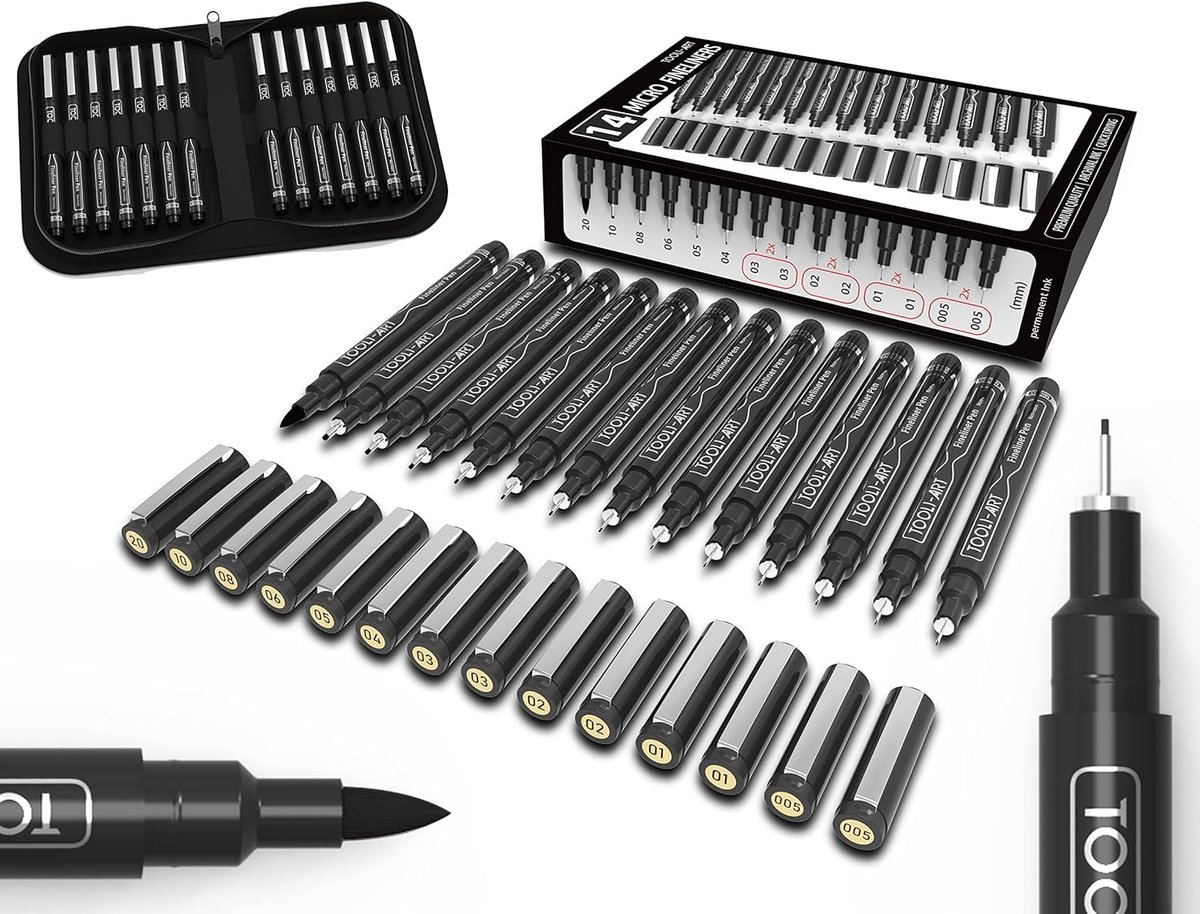 Thijox - Micro-Line 14 Fineliners met Etui, Waterdichte Multiliners voor Dagboeken, Illustraties, Architectuur en Technisch Tekenen, Zwart