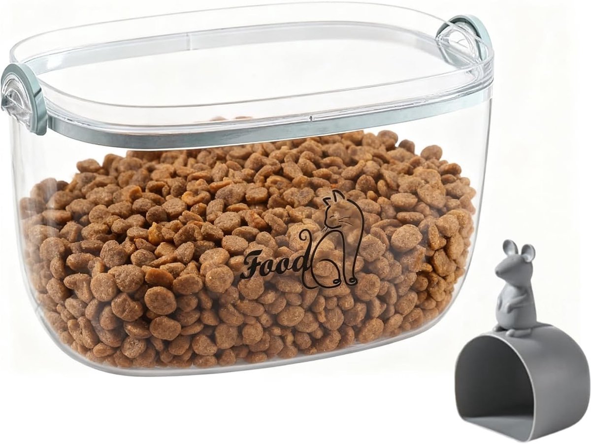 Praktische luchtdichte kattenvoercontainer met deksel en lepel, transparant en ideaal voor droogvoer voor katten en honden, perfect als huisdierenopslag.
