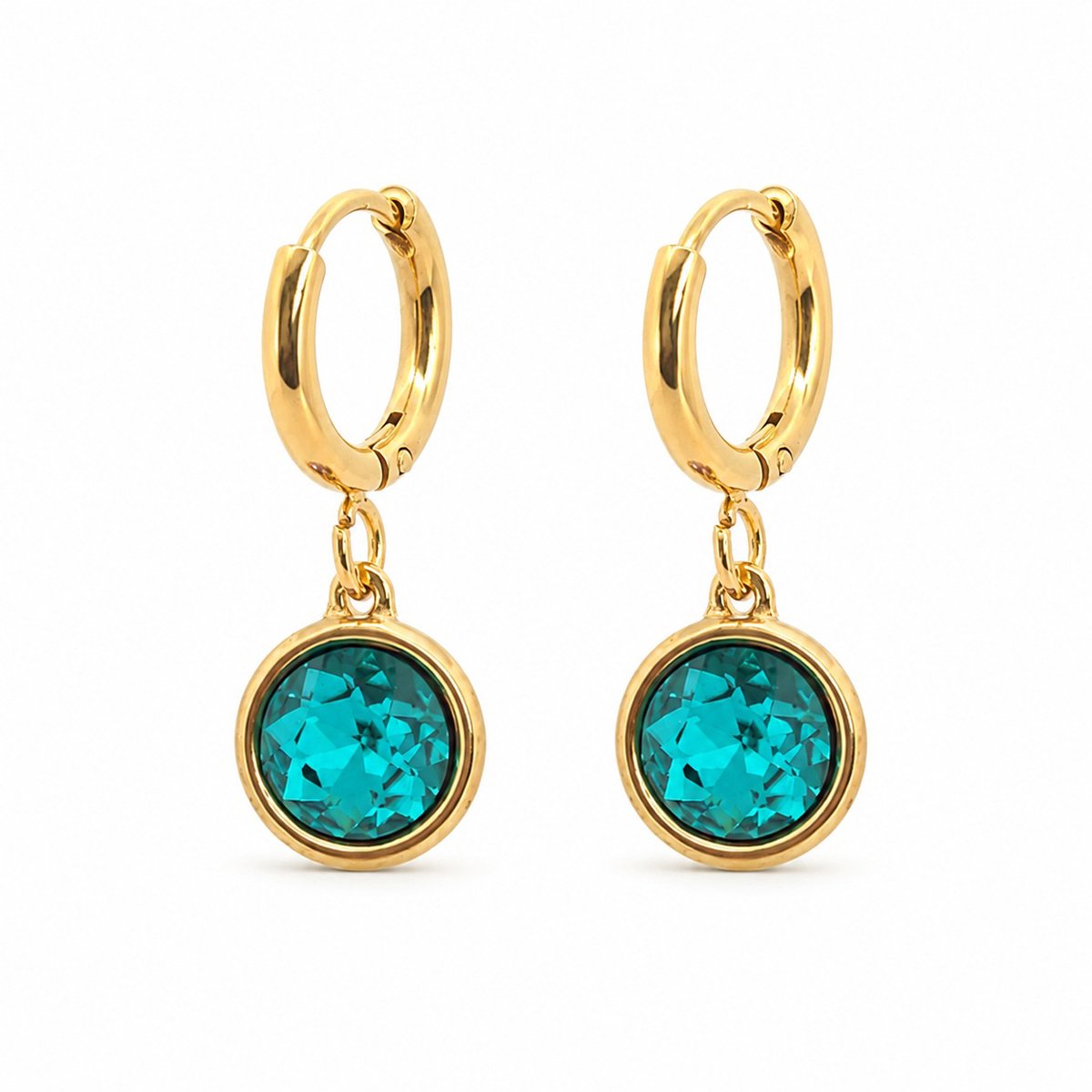 Stalen dames oorringetjes met goudkleurige plating en turqoise ronde kristal hanger