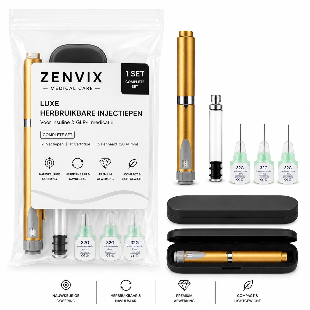 Zenvix® Luxe Herbruikbare Injectiepen voor Insuline & GLP-1 – Goud- Insulinespuit - Injectiespuit met Naald - Insuline Naalden - Injectiespuit