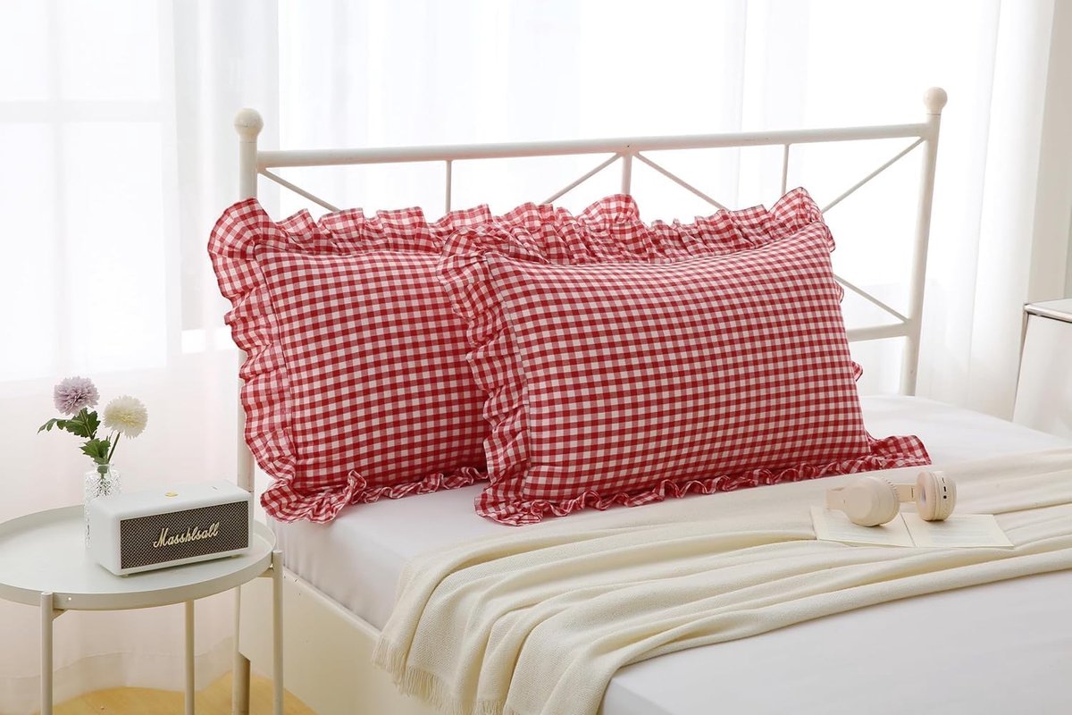 SnelShoppen - Set van 2 Rood en Witte Gerimpelde Kussenhoezen 40 x 60 cm 100% Katoen Landelijke Stijl voor Nek- en Zijkussens, Sofa & Decoratie