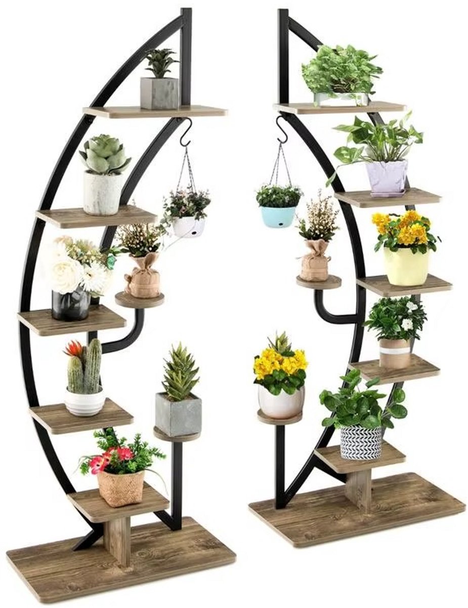 JOYNEXTBUY – Bloemenrek 6 Laags – Set van 2 Halvemaanvormige Metalen Plantenstandaards – Binnen & Buiten - Industrieel - Zwart