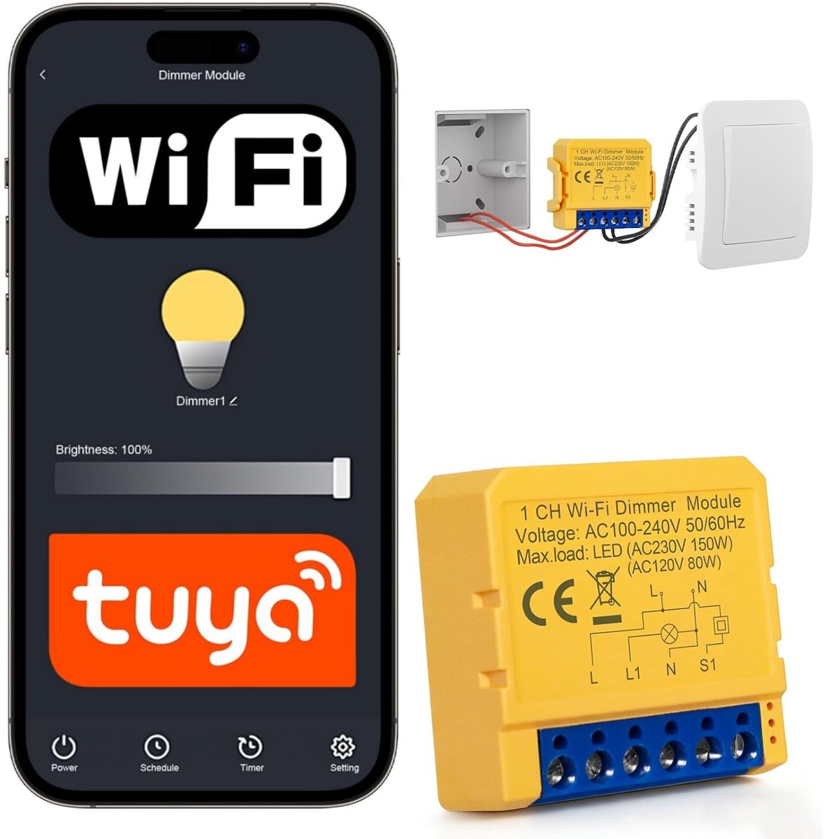 SnelShoppen - WLAN LED Dimmer Switch 2.4GHz, Dimbare Lichtschakelaar, Slimme Wifi Dimmer voor Alexa, Compatibel met Smart Life/Tuya App, Ultra Mini De
