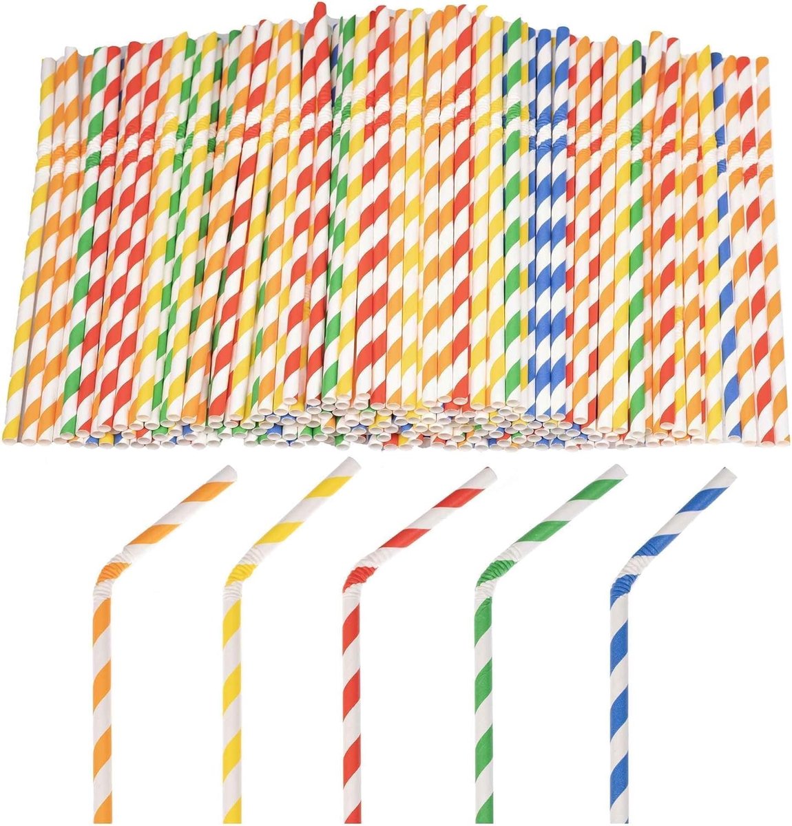 SnelShoppen - 200 Stuks Wegwerp Papieren Rietjes 197 mm × 6 mm Gestreept Papier voor Feest, Camping, Kinderen, Tuin, Keuken