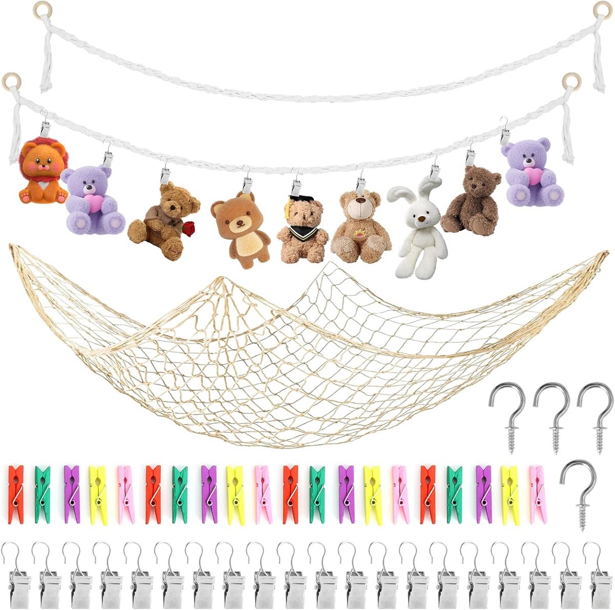 SnelShoppen - 2 x Hangende Knuffeldierhouder, 2 Meter, Macrame Opbergnet voor Knuffels en Teddyberen met 40 Clips, Ideale Opbergoplossing voor Kindere