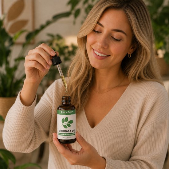 Een glimlachende blonde vrouw met een beige trui houdt een druppelaar met Moringa olie boven een bruine fles.