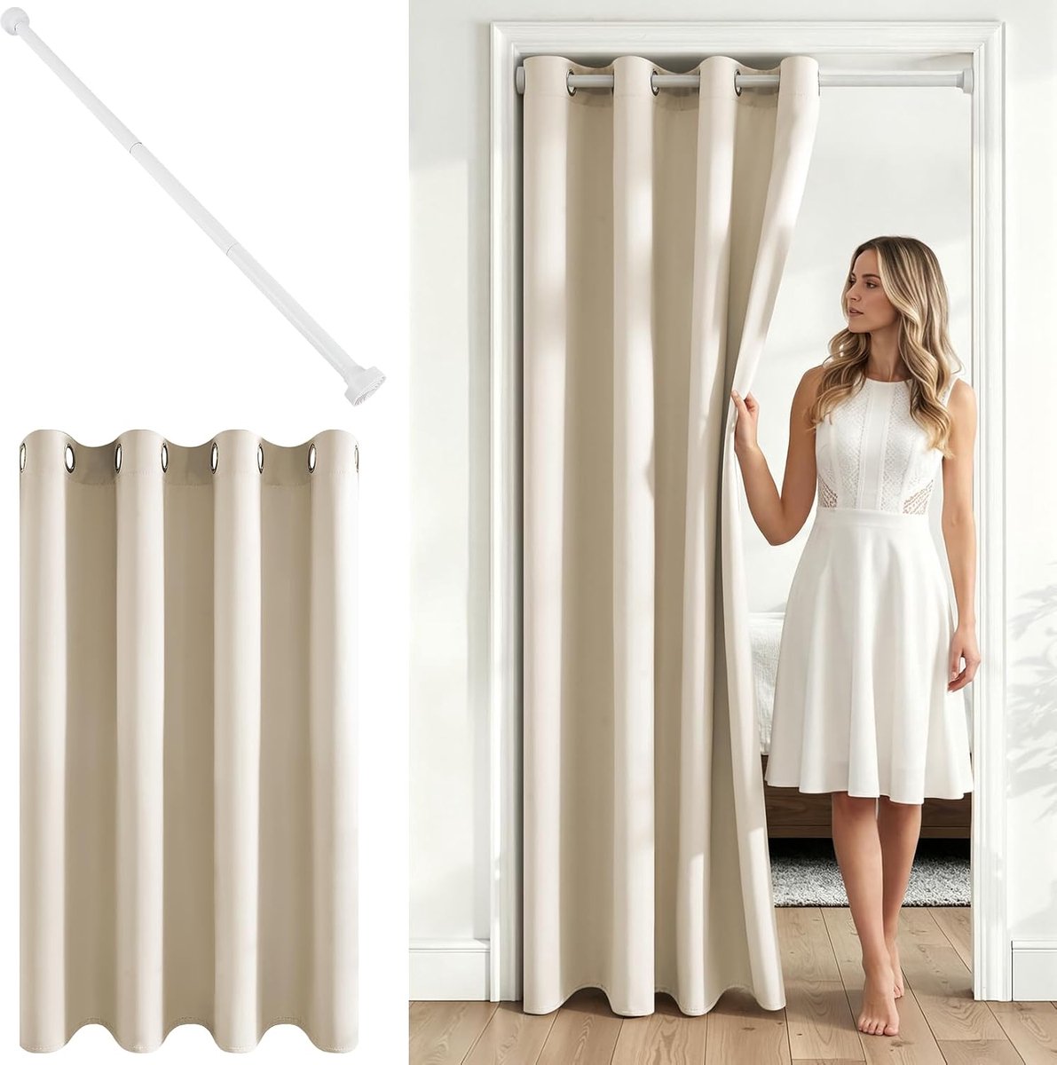 SnelShoppen - Verduisterend Deurgordijn Beige 200x140 cm met Gordijnroede, UV-bescherming, Ideaal als Ruimteverdeler voor Kast, Kledingkamer, Keuken,
