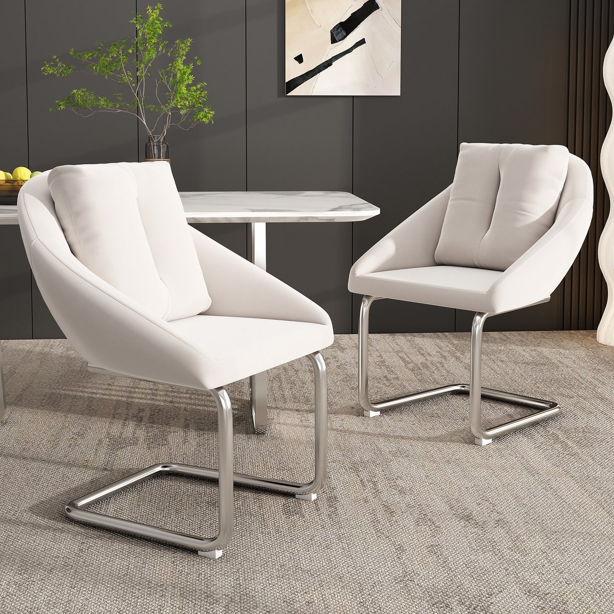 Eettafelstoel, Fluwelen eetkamerstoel, set van 2 met kussens, Eetkamerstoel, luxe draaistoel voor woonkamer en slaapkamer, Beige