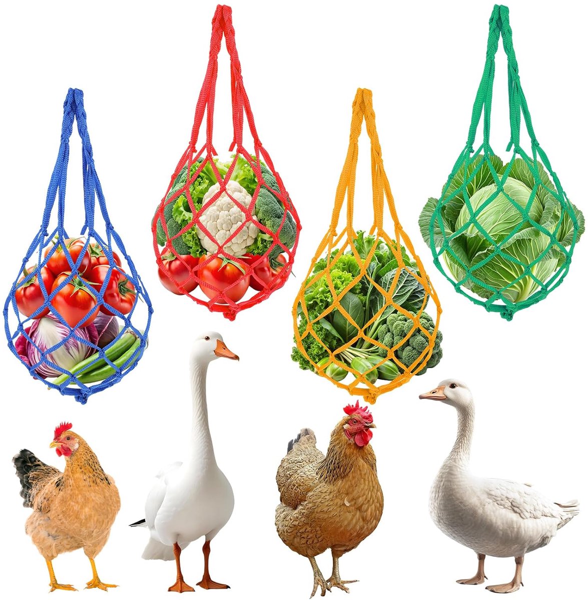 SnelShoppen - 4 Stuks Hangende Kippenvoerbakken, Nylon Voeder Netten voor Kippen, Eenden, Ganzen en Vogels - Kleurige Voeder Accessoires voor Dierentu