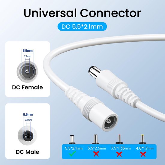SnelShoppen - 2 stuks 3ft/1m DC verlengkabel 12V 2,1mm x 5,5mm voor beveiligingscamera, CCTV, IP DVR-router, LED-strip, plug-and-play, wit — afbeelding 4