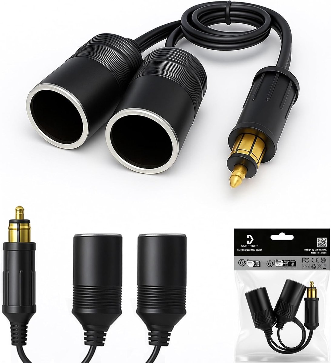 SnelShoppen - DIN naar Dubbele Sigarettenaansteker Adapter, 12V/24V Hella DIN naar Sigarettenplug Adapter met Verlengkabel, Motor Splitter voor Fietse