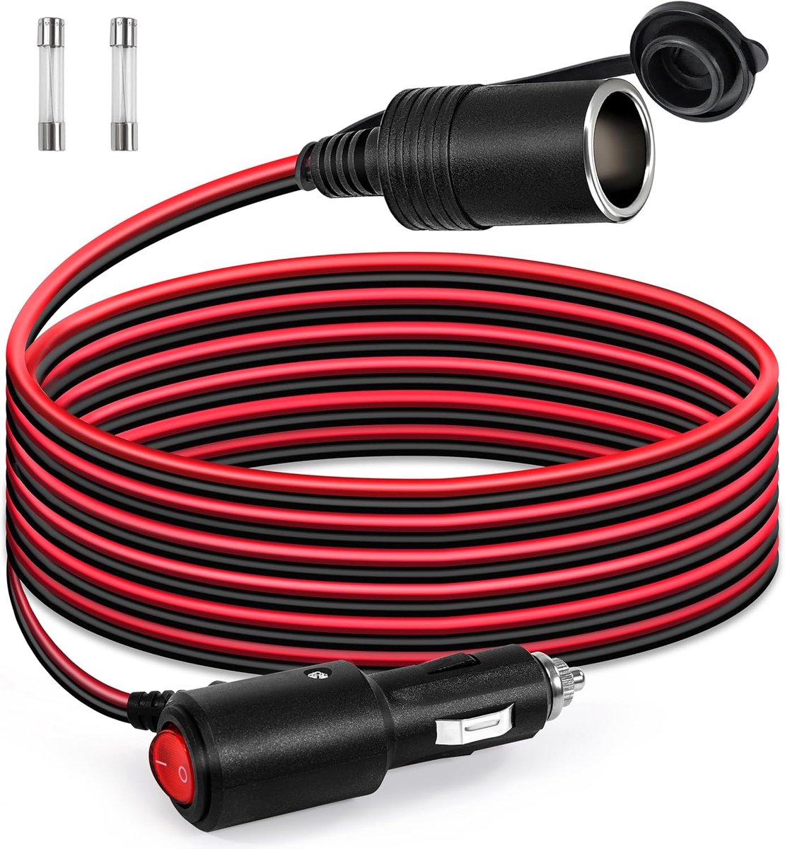 SnelShoppen - 3m Car Extension Cigarette Lighter Plug met Switch, 16 AWG Waterproof Kabel, 15A Fuse voor 12V/24V Truck, Camping, Motorhome