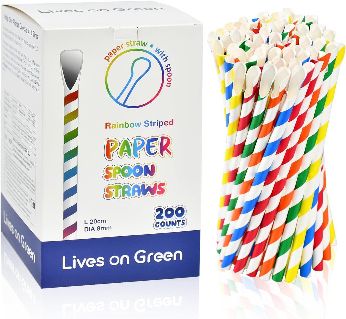 SnelShoppen - Disposable Papier Rietjes met Lepel, Biodegradable Papieren Schep Rietjes voor Smoothies, Milkshakes en IJsdranken - 20 x 0.8 cm, Verpak