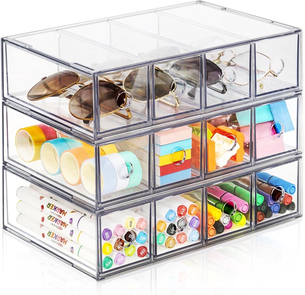 SnelShoppen - Desk Organizer met 12 Lades, Stapelbare Opslagdoos voor Bureau, Transparante Organizer voor Kantoorbenodigdheden, Stationery, Markers, Z