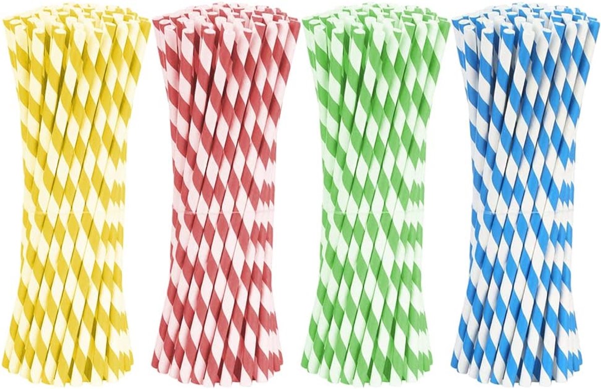 SnelShoppen - 100 Kleurige Papieren Rietjes - Sterk en Duurzaam - Ideaal voor Feesten, Barbecues, en Picnics - Rood, Geel, Blauw, Groen