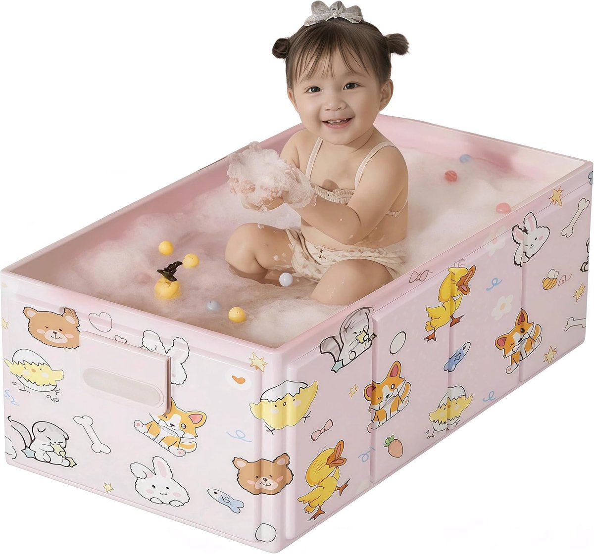 SnelShoppen - Opvouwbare Baby Badkuip met Schattige Dierenprint, Portable Baby Bad, 80 x 40 x 22 cm (Roze) voor Thuis en Reizen
