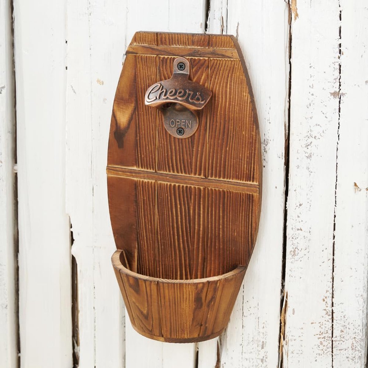 SnelShoppen - Houten Muur Gemonteerde Bierfust Flesopener met Dekselverzamelaar, Vintage Flesopener voor Mannen en Bierliefhebbers, Perfecte Bar Decor