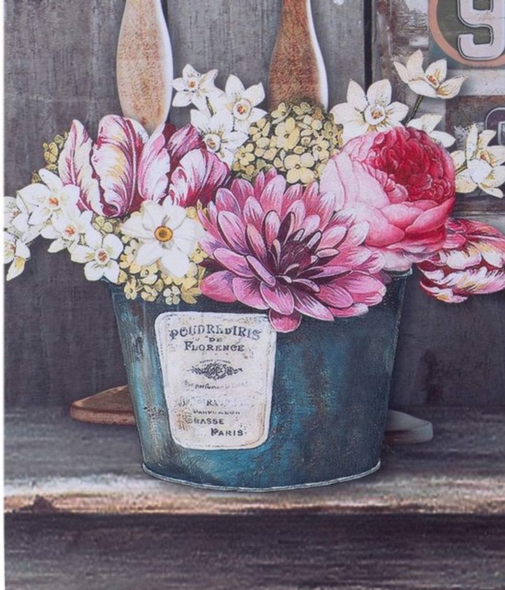 SnelShoppen - XL Canvas Wandklok PARIS & FLOWERS met Klok - Unieke Canvas Klok 60x40 cm - Stille Wandklok voor Keuken/Brocante Interieur - Decoratieve