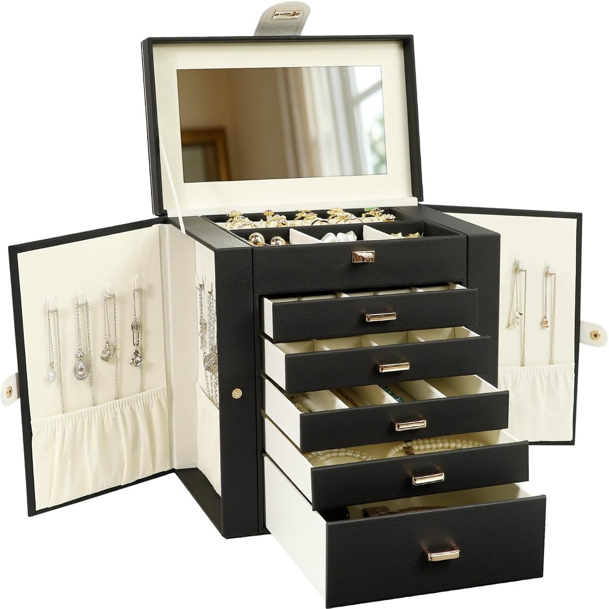 SnelShoppen - Luxe Sieradenbox voor Dames, 6 Laags Grote Sieraden Organizer met Spiegel en 5 Laden voor Ringen, Oorbellen, Kettingen, Armbanden, Zwart