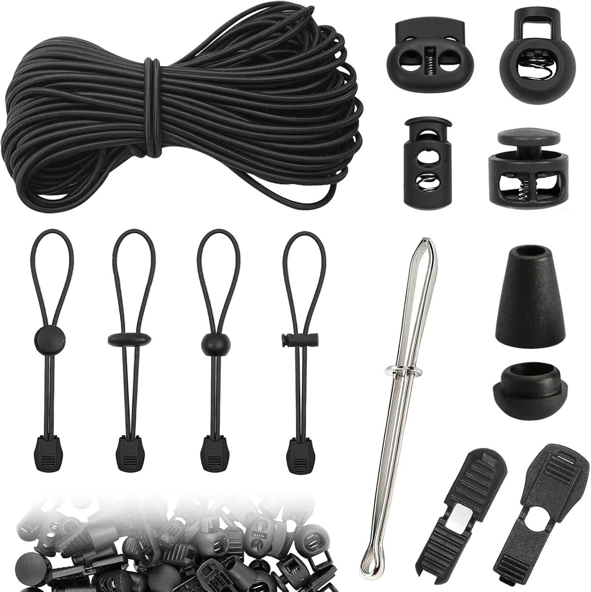 SnelShoppen - Elastisch Rubber Koord 35m 3mm Zwart - Compleet met 50 Koordklemmen, 40 Koordstoppers, Ideaal voor Waslijn, Rugzak, Camping en Creatieve