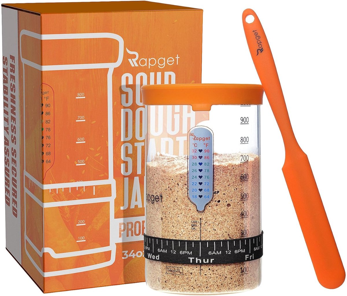 SnelShoppen - Sourdough Starter Kit 34oz - Grote Capaciteit Glazen Pot voor Sourdough Starter met Datummarkering, Thermometer, Schraper, Katoenen Cove