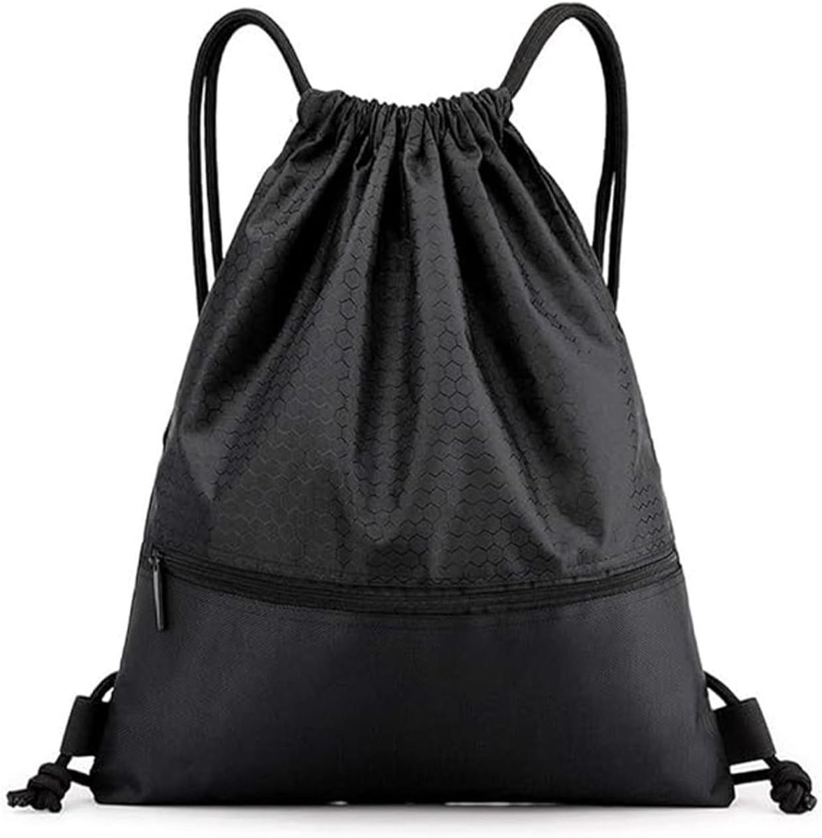 SnelShoppen - Drawstring Sports Bag Waterproof Gym Bag met Rits, Verstelbare Sporttas voor School, Reizen, Strand, Zwart, Groot L