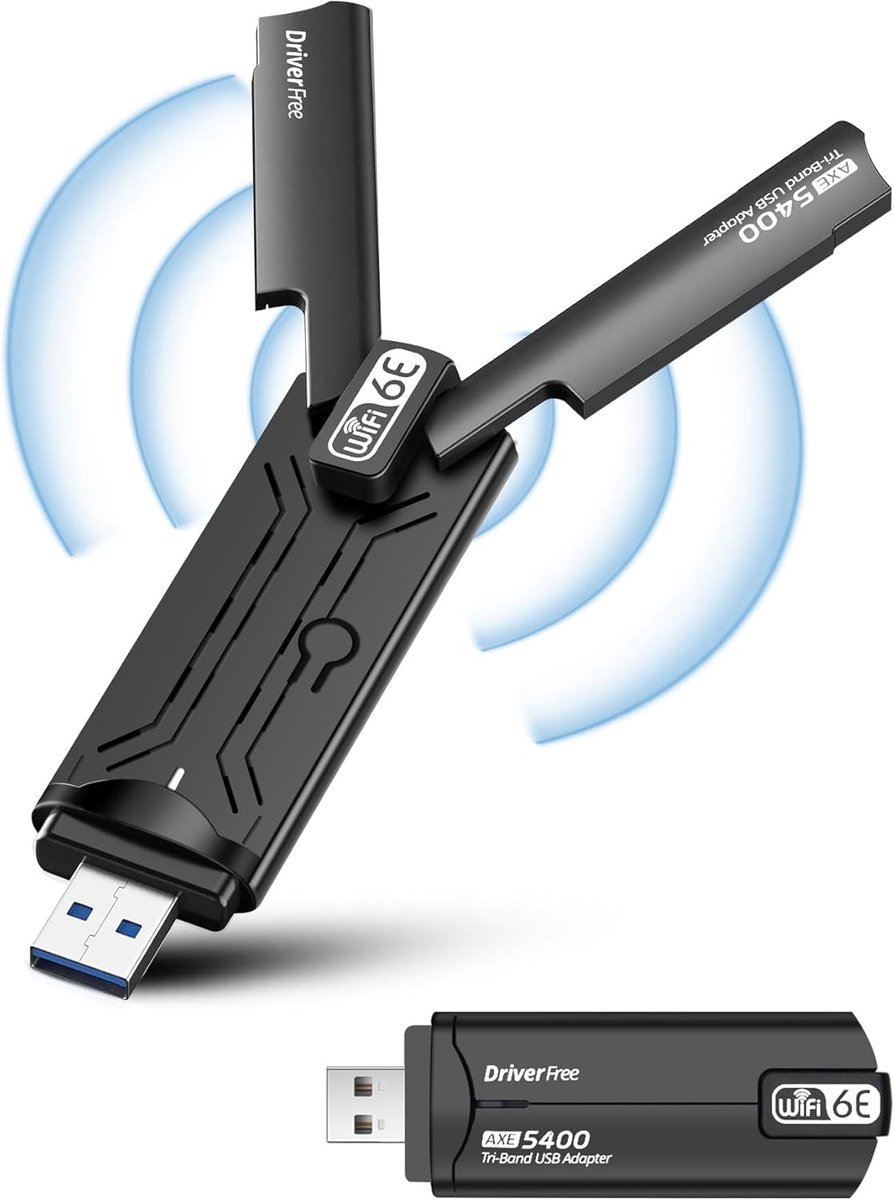 SnelShoppen - WiFi 6E WLAN Stick voor PC, Tri-Band 5400Mbps, USB3.0 Adapter met 5DBI Antenne, WPA3, MU-Mimo, Voor Windows 10/11, Perfect voor Gaming e