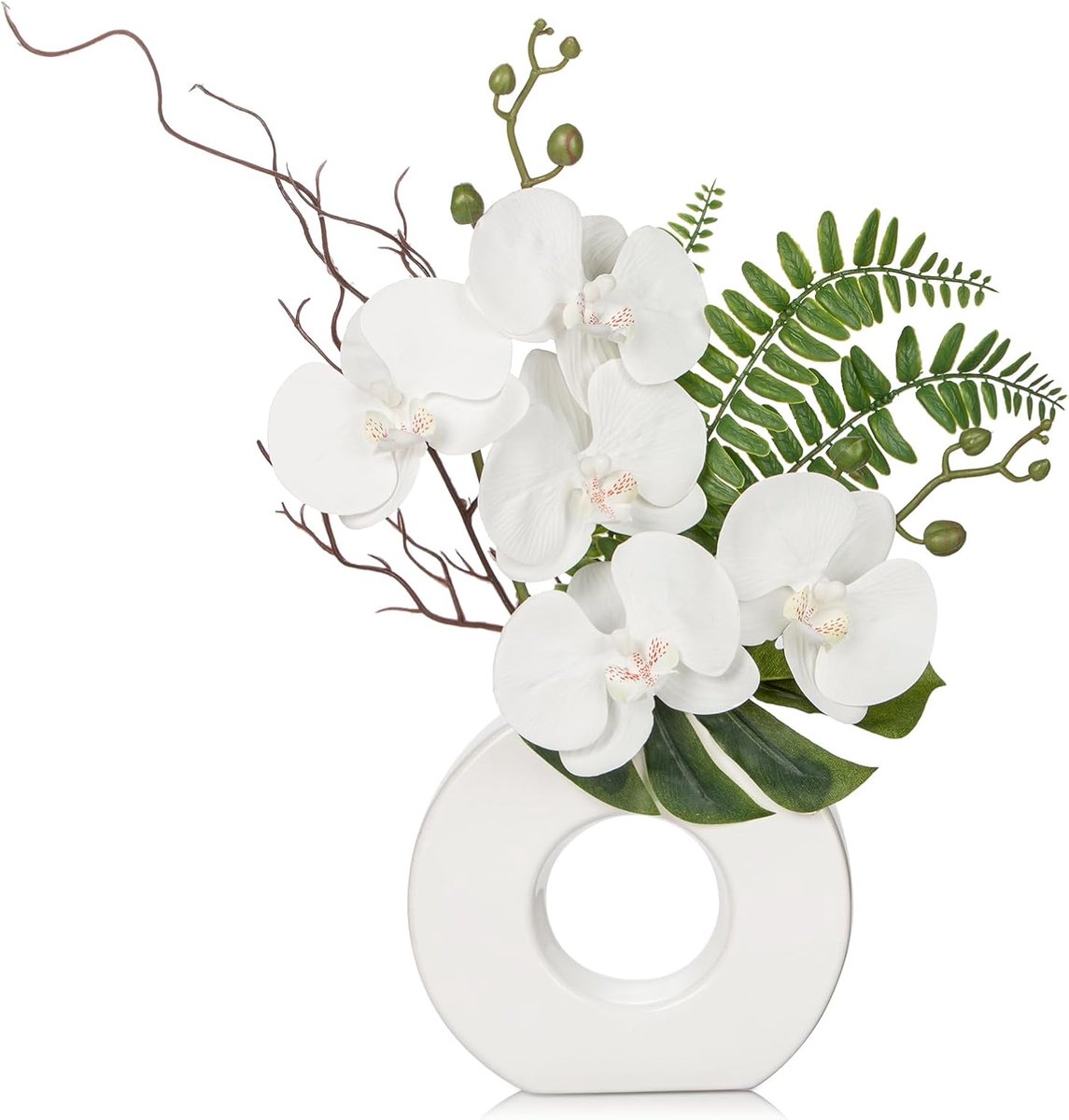 SnelShoppen - Kunstplant Orchidee met Keramische Donut Vaasje - Decoratieve Kunstbloemen - Real Touch Effect - Tafeldecoratie voor Woonkamer, Keuken,