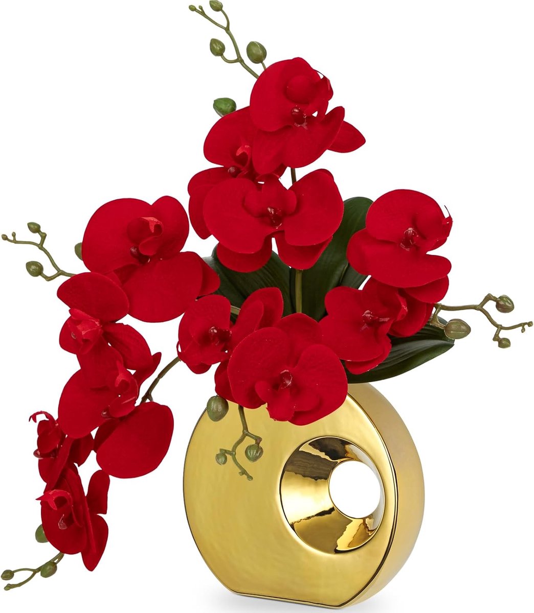 SnelShoppen - Kunstplant Orchideeën met Keramische Donut Vaasje, Real Touch Phalaenopsis Bloemen voor Tafeldecoratie, Thuisdecoratie, Kantoor, Vaas, K