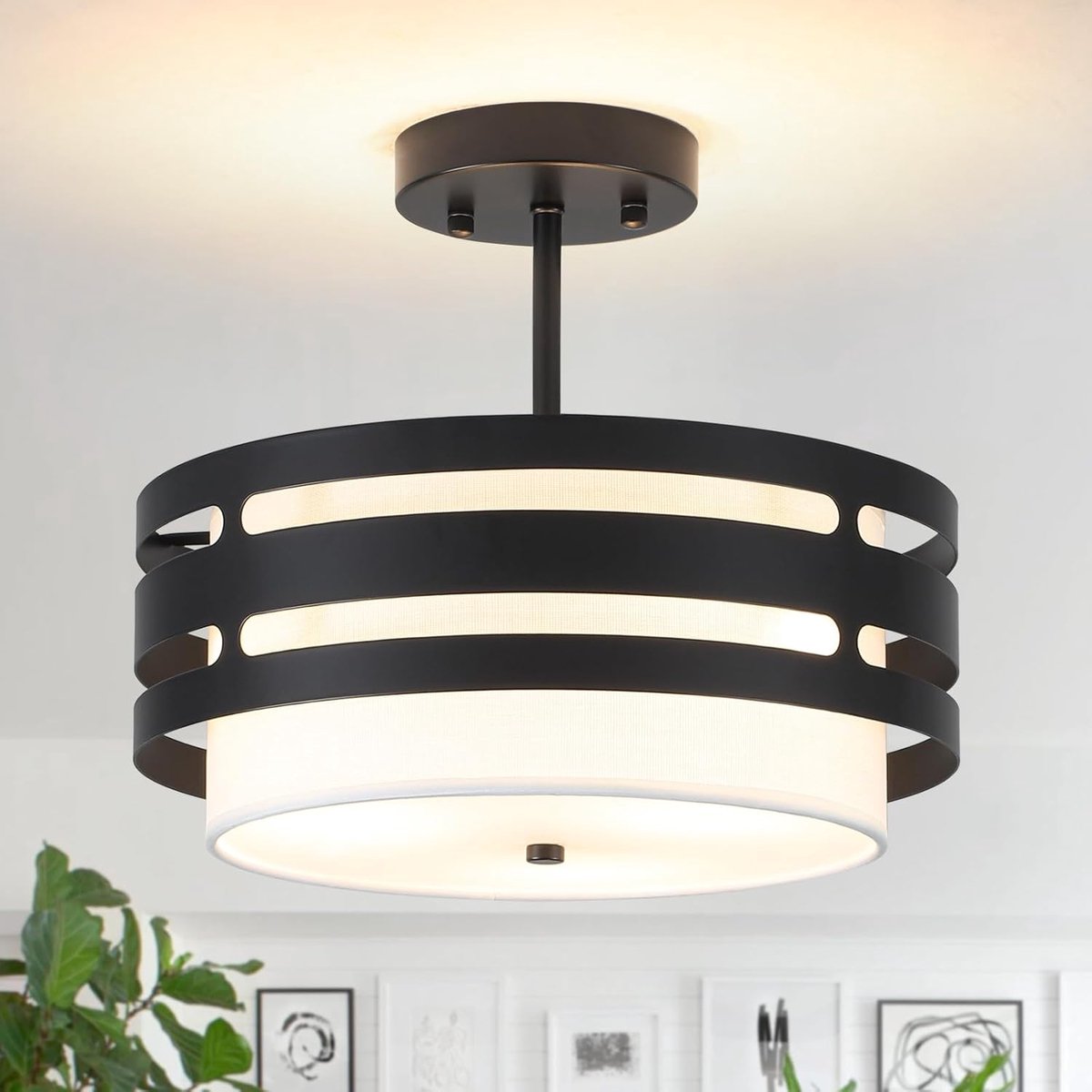 SnelShoppen - Zwarte Inbouw Plafondlampen voor Woonkamer, 3 Lampen, E27 Fitting, Woven Fabric Kap, Modern Industrieel Design, Perfect voor Dining Room