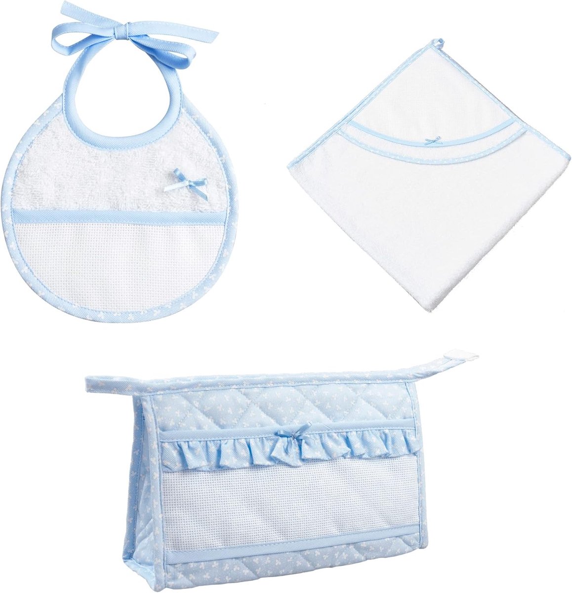 SnelShoppen - FILET Baby Badset 3-delig voor Borduren, Roze, met Badjas, Zak met Rits en Bib, Origineel Cadeau voor Baby's, Made in Italy