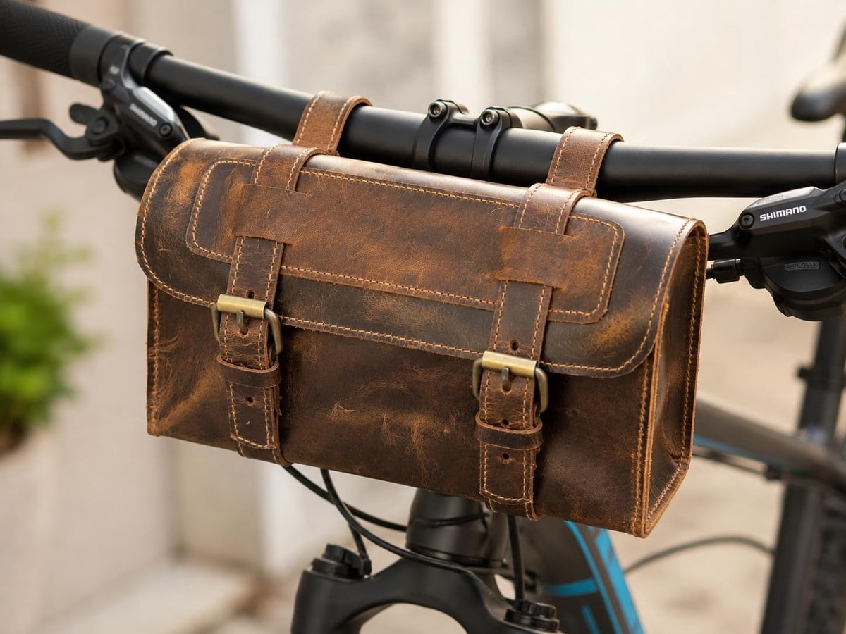 SnelShoppen - Vintage Leren Fietstas - American Blue Buffalo Leer Handvat Motorfiets Zadelzak - Grote Capaciteit 24.6x9.5x7.5 cm - Ideaal als Reisacce