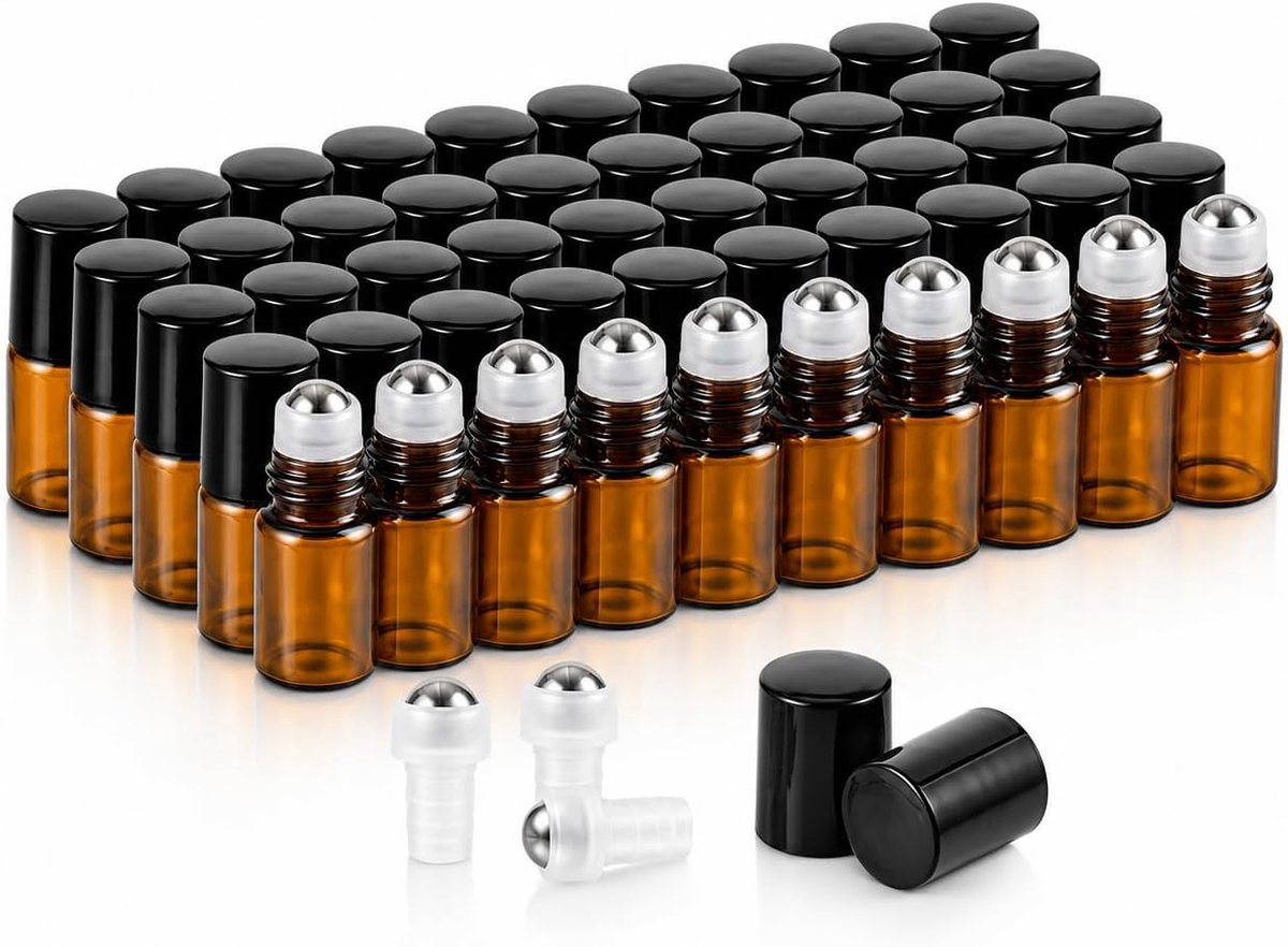 SnelShoppen - 50 Glazen Roll-On Flesjes 3 ml - Essentiële Olie Flesjes met RVS Bal - Bruin Glas UV Bescherming voor Aromatherapie, Spa, Massage, Reize