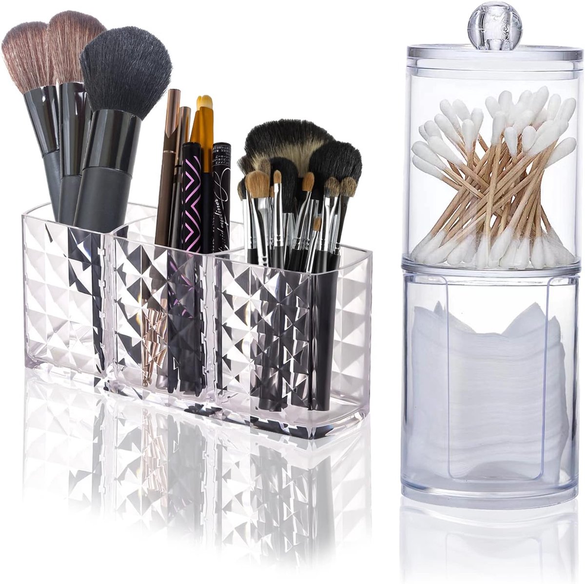 SnelShoppen - 3 Compartiments Cosmetic Organiser, Makeup Organizer & Swabs Holder voor Badkamer, Plastic, Inclusief Cotton Swab Box met Deksel, Dresse