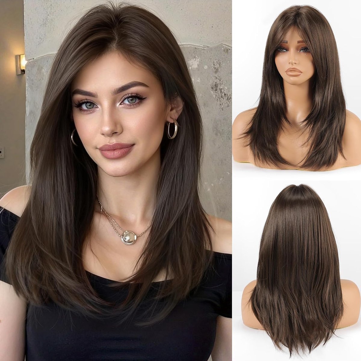 SnelShoppen - Donkerbruine Schouderlange Rechte Gelaagde Haarwig met Pony, Hittebestendig Synthetisch Haar voor Feest, Cosplay en Dagelijks Gebruik