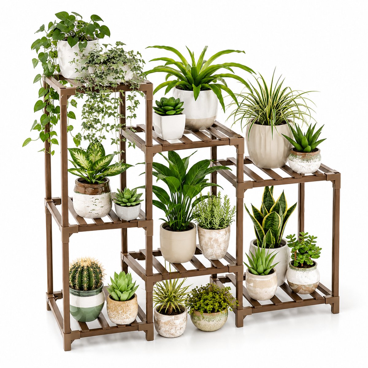 BOTC Plantenstandaard voor binnen en buiten - Houten plantenrek - 3 niveaus - Patio Boho woondecoratie voor tuinieren