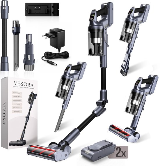 Vesora® 3-in-1 Buigbare Steelstofzuiger met Extra Accu - Draadloos zonder Zak - FLEX - Draadloze Stofzuiger - Kruimeldief Snoerloos - Vacuum Cleaner - Handstofzuiger - Stofzuiger Steel met Hepa Filter - Stofzuiger Huisdieren - Zakloze Stofzuiger