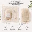 Verpakte en droge konjac bodyspons, met productinformatie. 'Made in Japan'.