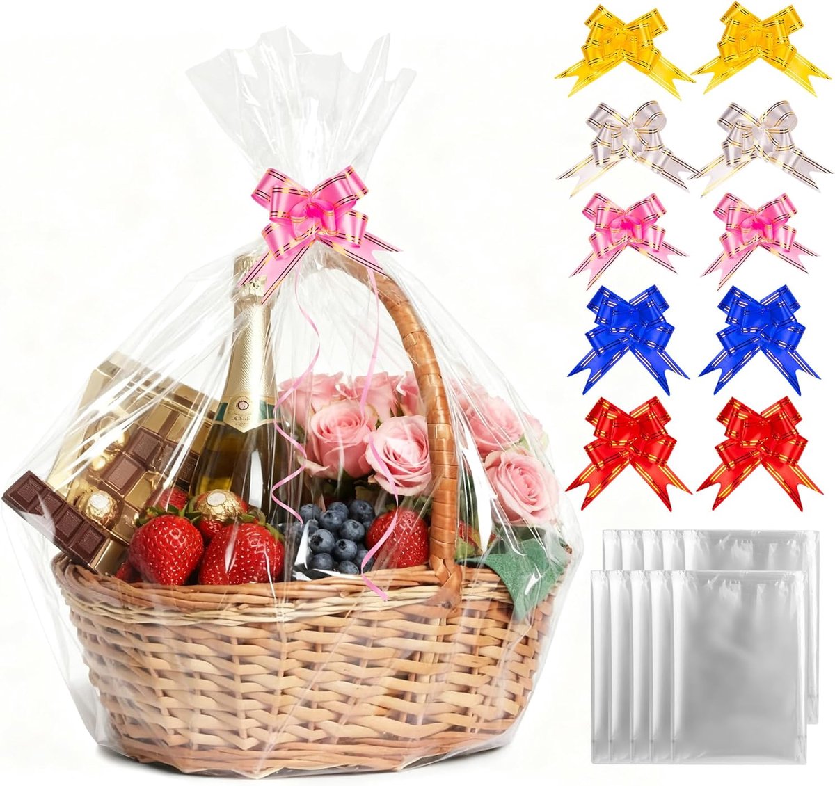 SnelShoppen - Extra Large Cellophane Bags 70x100 cm - Set van 10 - Geschikt voor Cadeaumanden, Bows in Diverse Kleuren - Perfect voor Kerst en Pasen