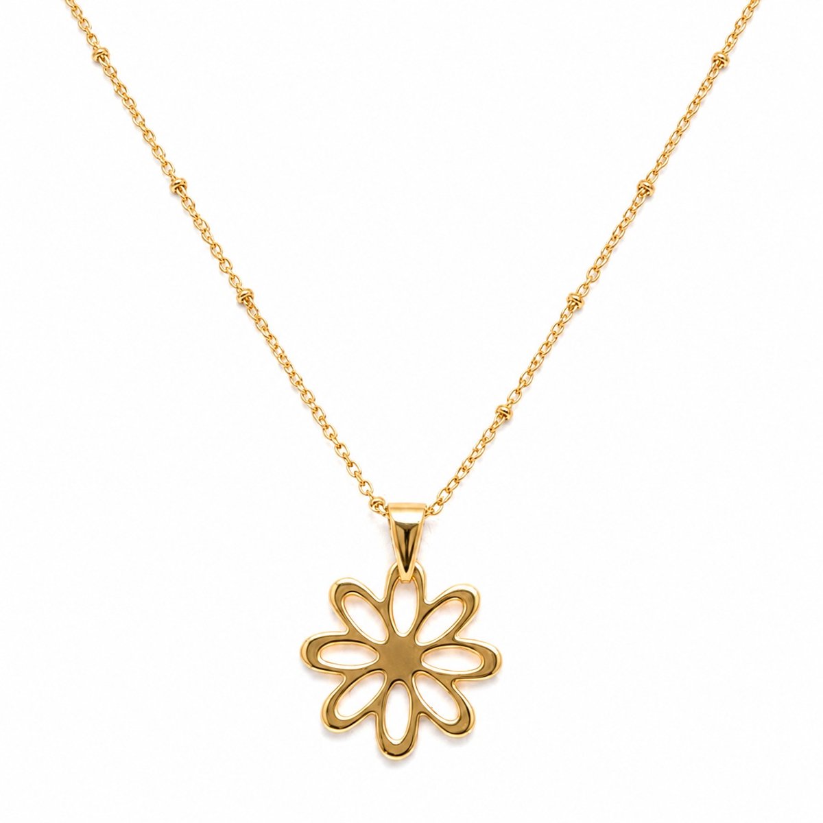 Goudkleurig stalen dames fantasie ketting 45cm met 20mm stalen bloem hanger