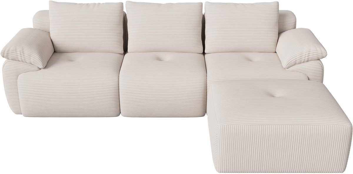 Crème Modulaire Hoekbank L-vorm 3-zits Crème Ribstof - Bankstel met Voetenbank, Zachte Bekleding en Stevige Constructie