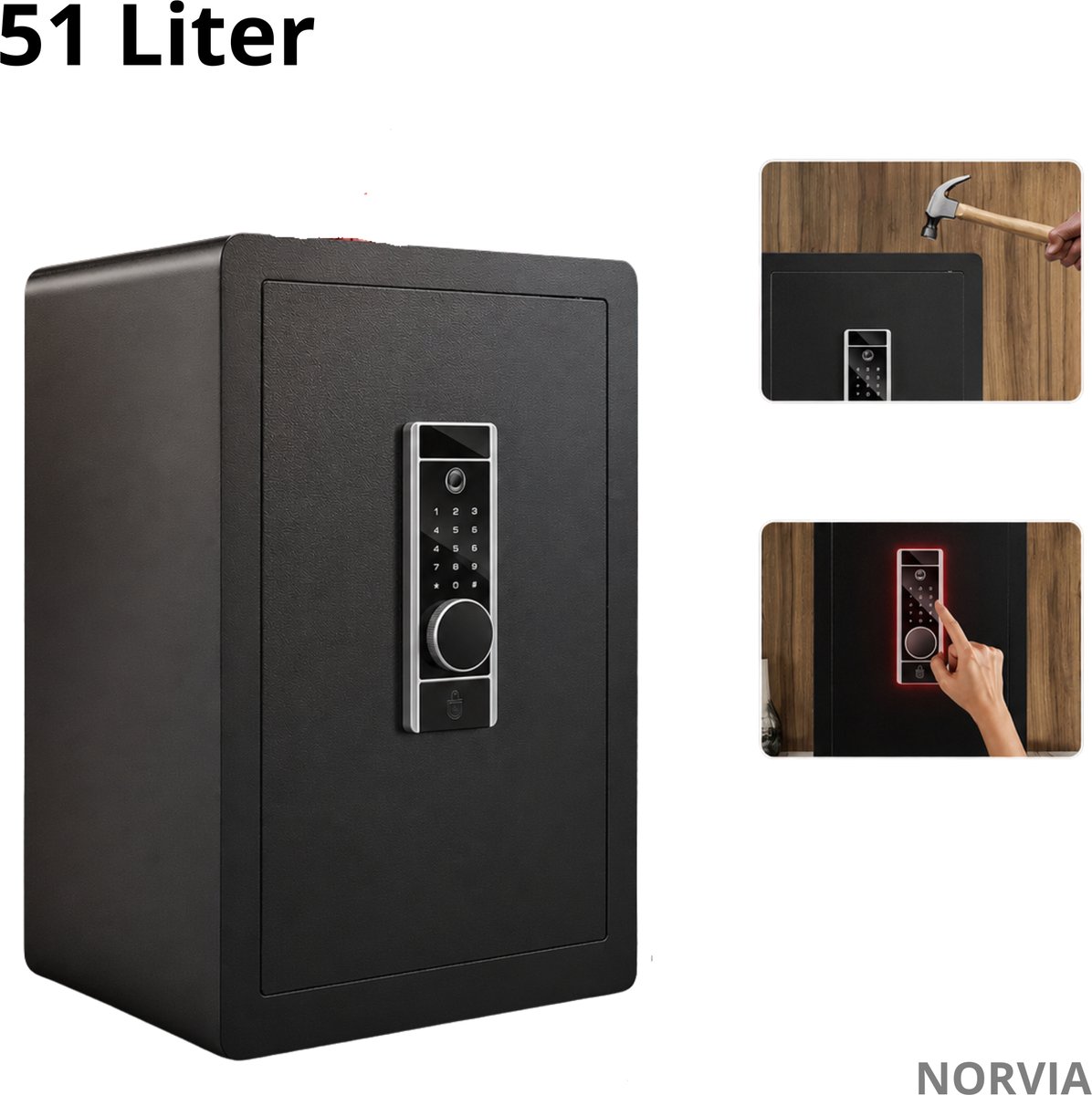 Norvia - Kluis - Brandwerende Kluis - Elektronische Kluis - Koolstofstaal - Vingerafdruk - Codeslot - 51 Liter - 40 x 33 x 60 cm