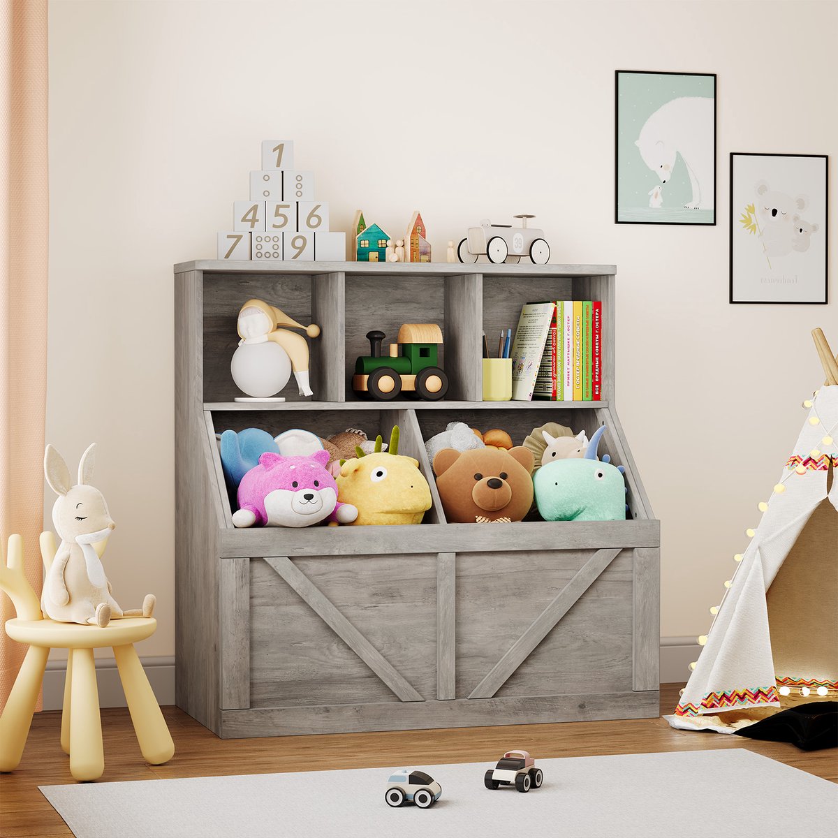 Kinderboekenkast en speelgoedopbergorganizer, peutertrapboekenkast met grote opbergkist en meerdere planken, eenvoudige montage voor speelkamer, slaapkamer, babykamer en kinderdagverblijf