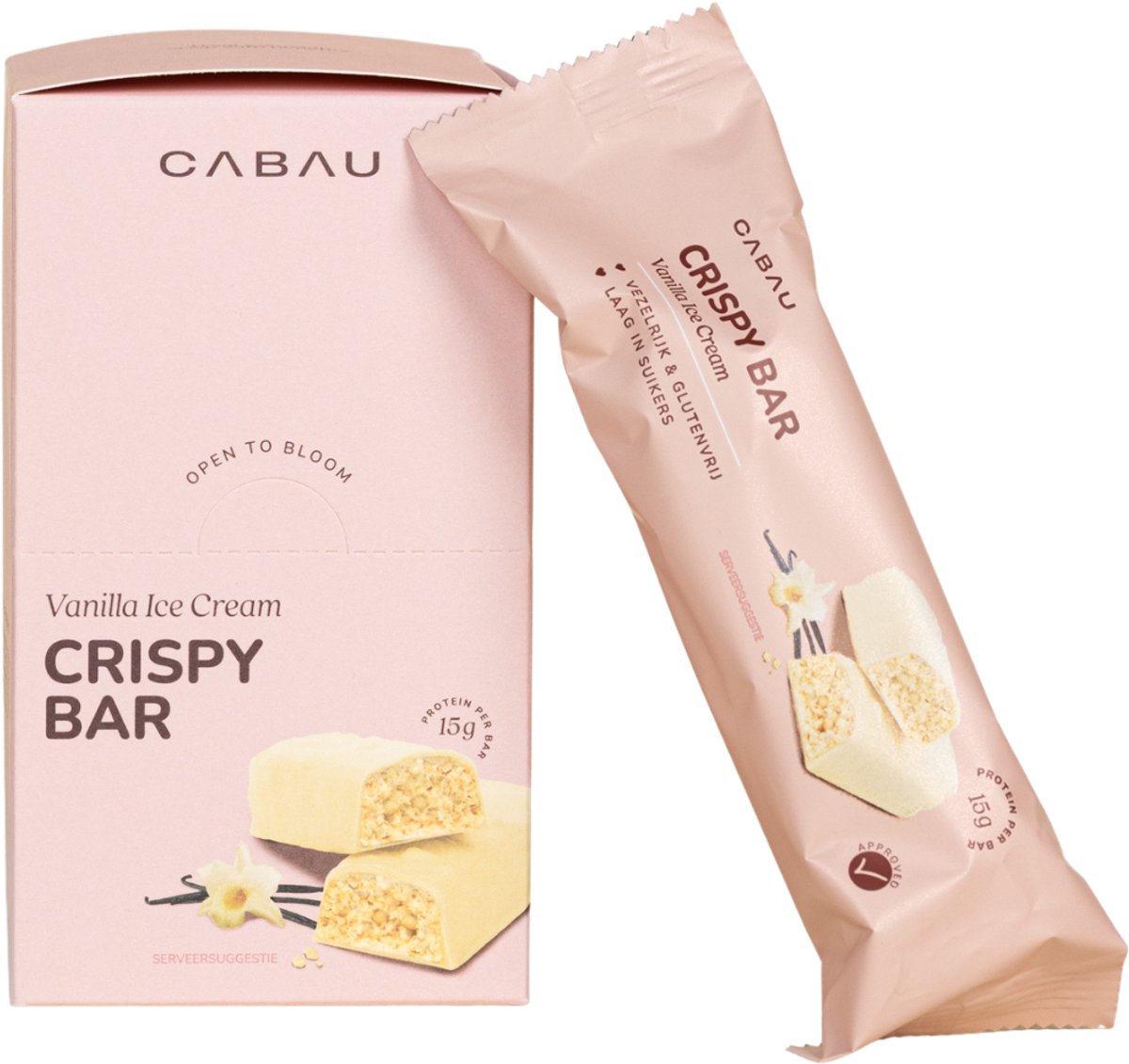 Cabau – Crispy Bars – Vanilla Ice Cream – Eiwitreep met 15 g Proteïne per Reep – Glutenvrij, Vezelrijk & Laag in Suiker – Box van 8 Stuks