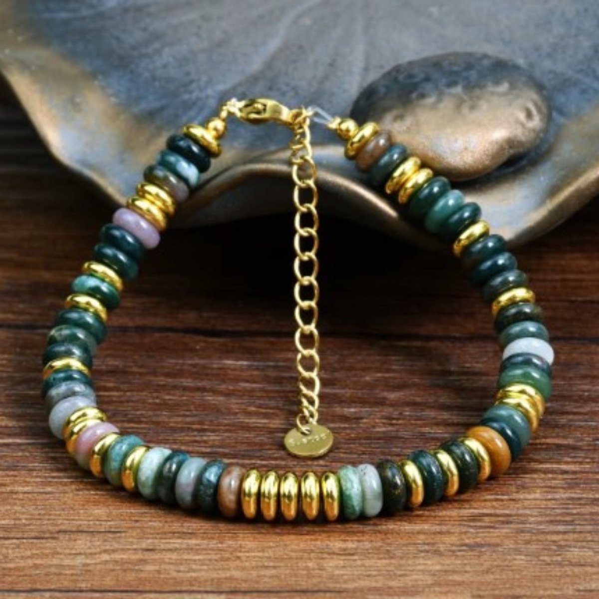 Green Gemstone Bracelet with Gold Accents - 19cm