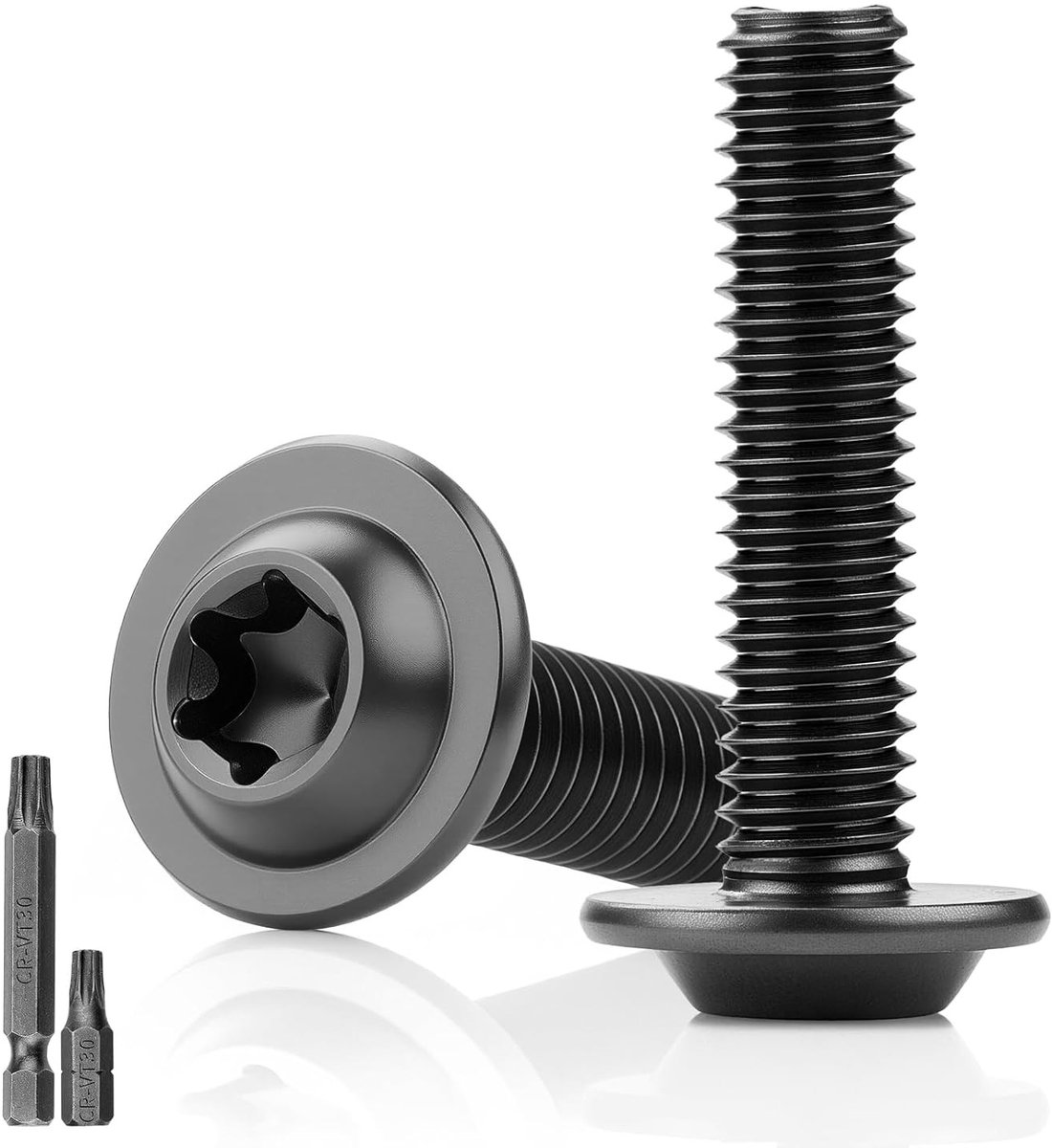 Set van 25 Stuks Zwarte Lenskop Schroeven M6 x 25 mm, Platte Schroeven met Flens, Torx Bevestigingsschroeven van Roestvrij Staal, Volledige Draad, Oxide Behandeling, T30 Inclusief 2 Stuks