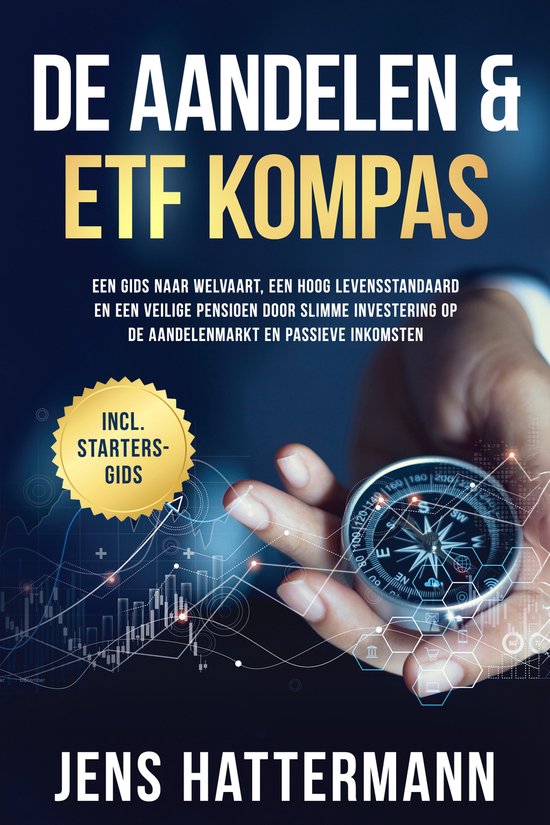 Boekomslag 'De Aandelen & ETF Kompas' met een kompas, aandelen grafieken en tekst. Inclusief startersgids.