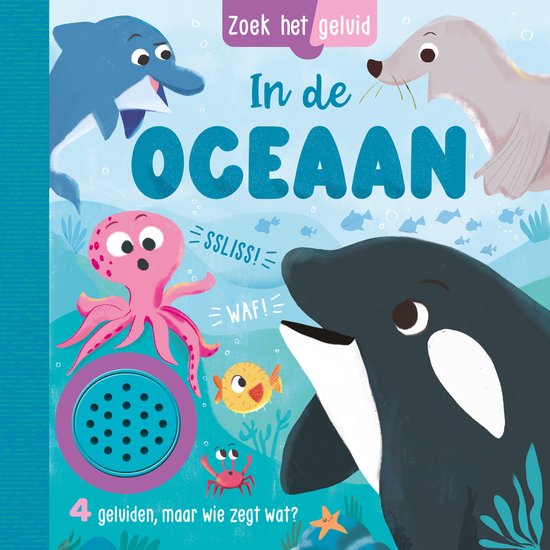 Vrolijk boek met oceaan dieren: dolfijn, octopus, orka, krab, vis, zeehond en zeester.