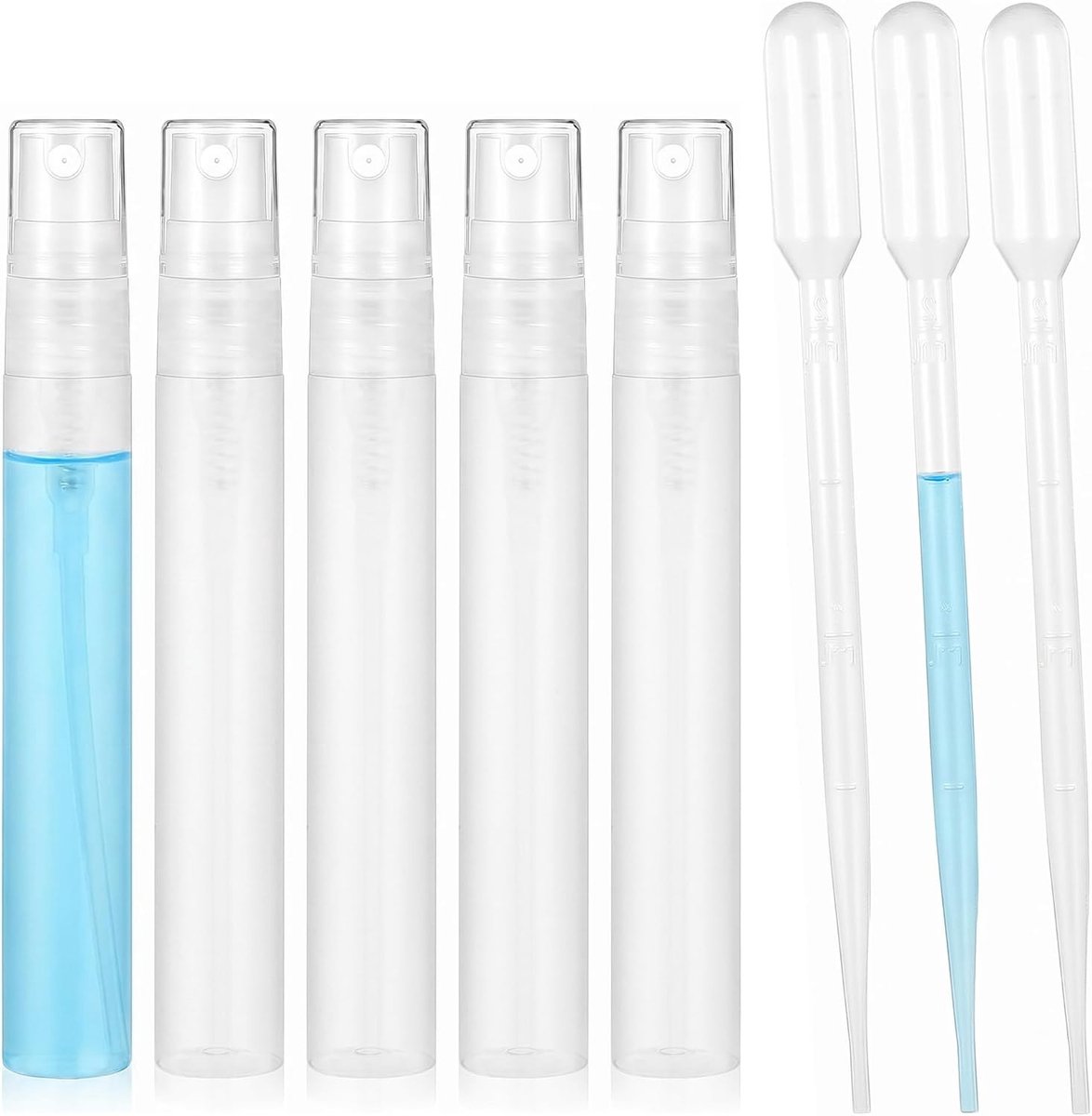 5-delige set navulbare parfumverstuivers van 10 ml, doorzichtige spuitflesjes met pipetten voor reizen en cosmetisch gebruik